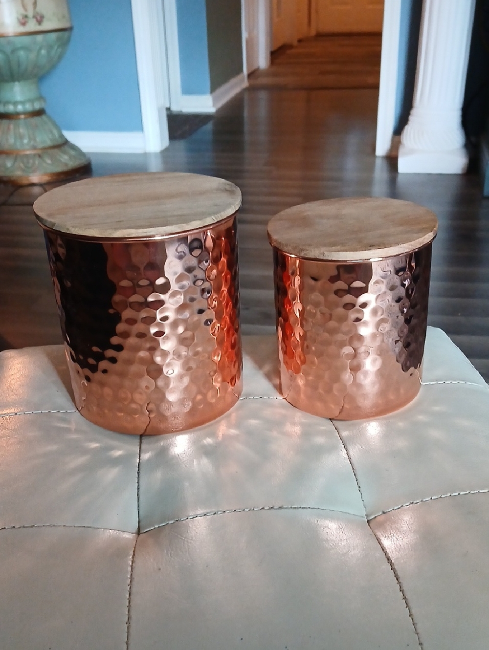Uncommon James Copper Hammered Canister Set with Wood Lids